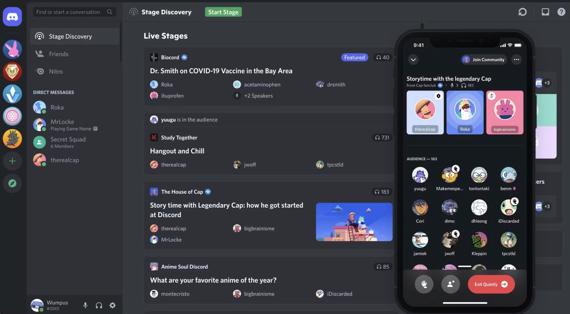 Discord app live stages and mobile stage view