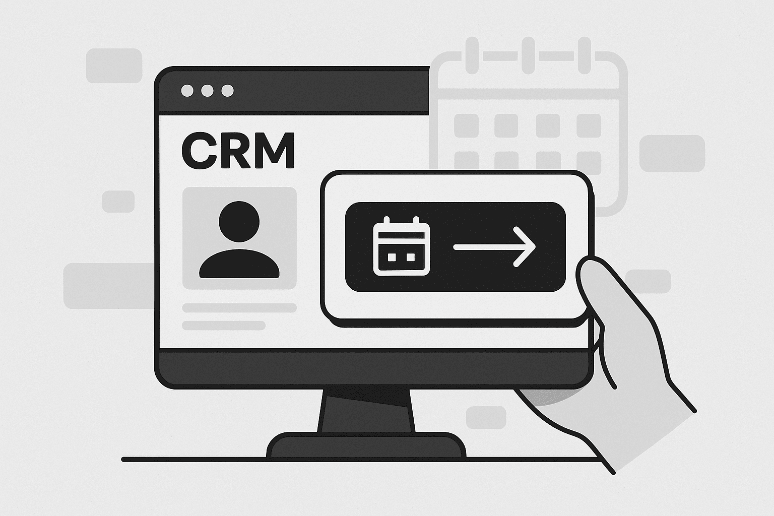 Illustration of a CRM contact card linked to a calendar