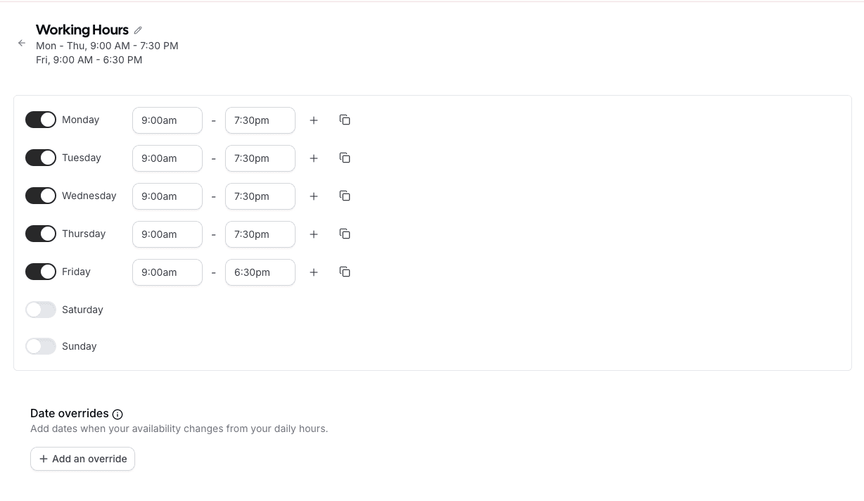 Screenshot of Cal.com working hours availability settings