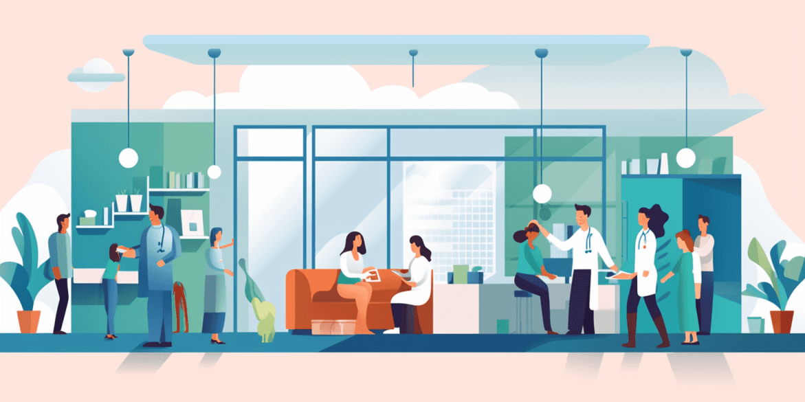 Illustration of a busy clinic waiting room