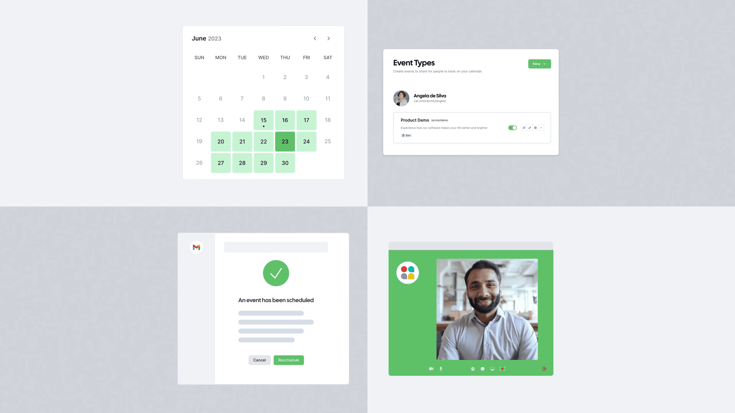 Grid of Cal.com scheduling app screenshots