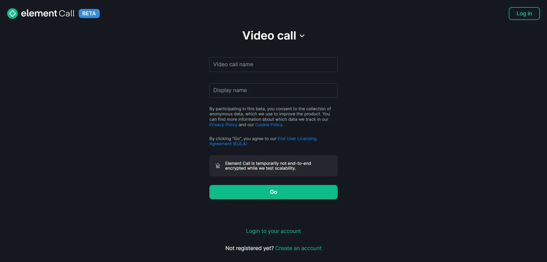 Screenshot of Element Call video call login screen