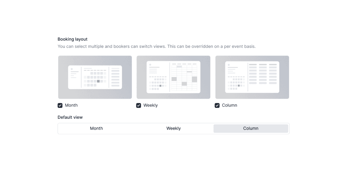 Cal.com booking layout settings with month, weekly, column views