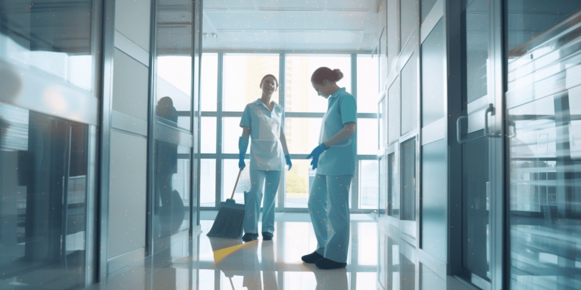 Two cleaning staff mopping a bright office hallway