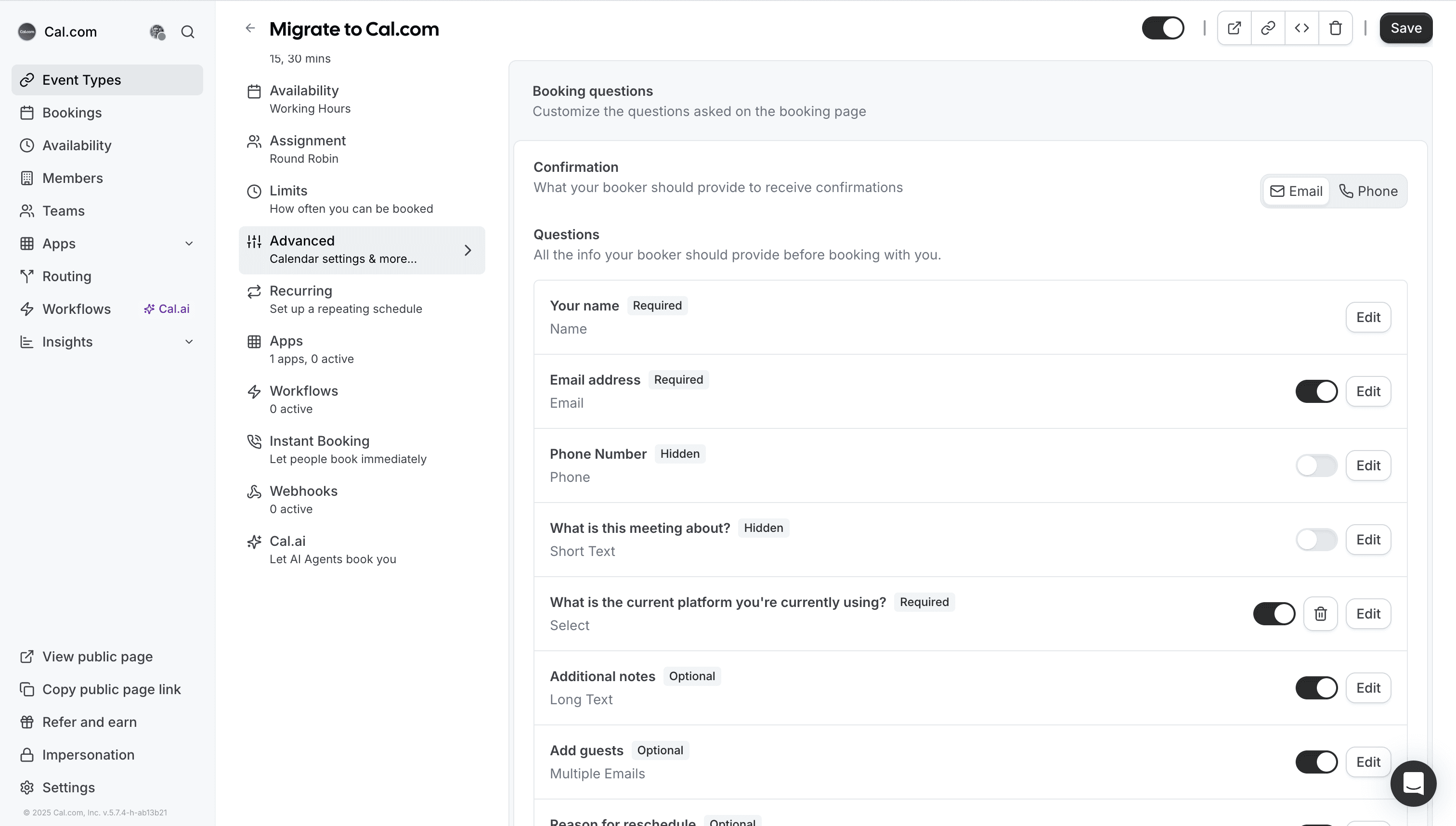 Cal.com booking questions customization screen