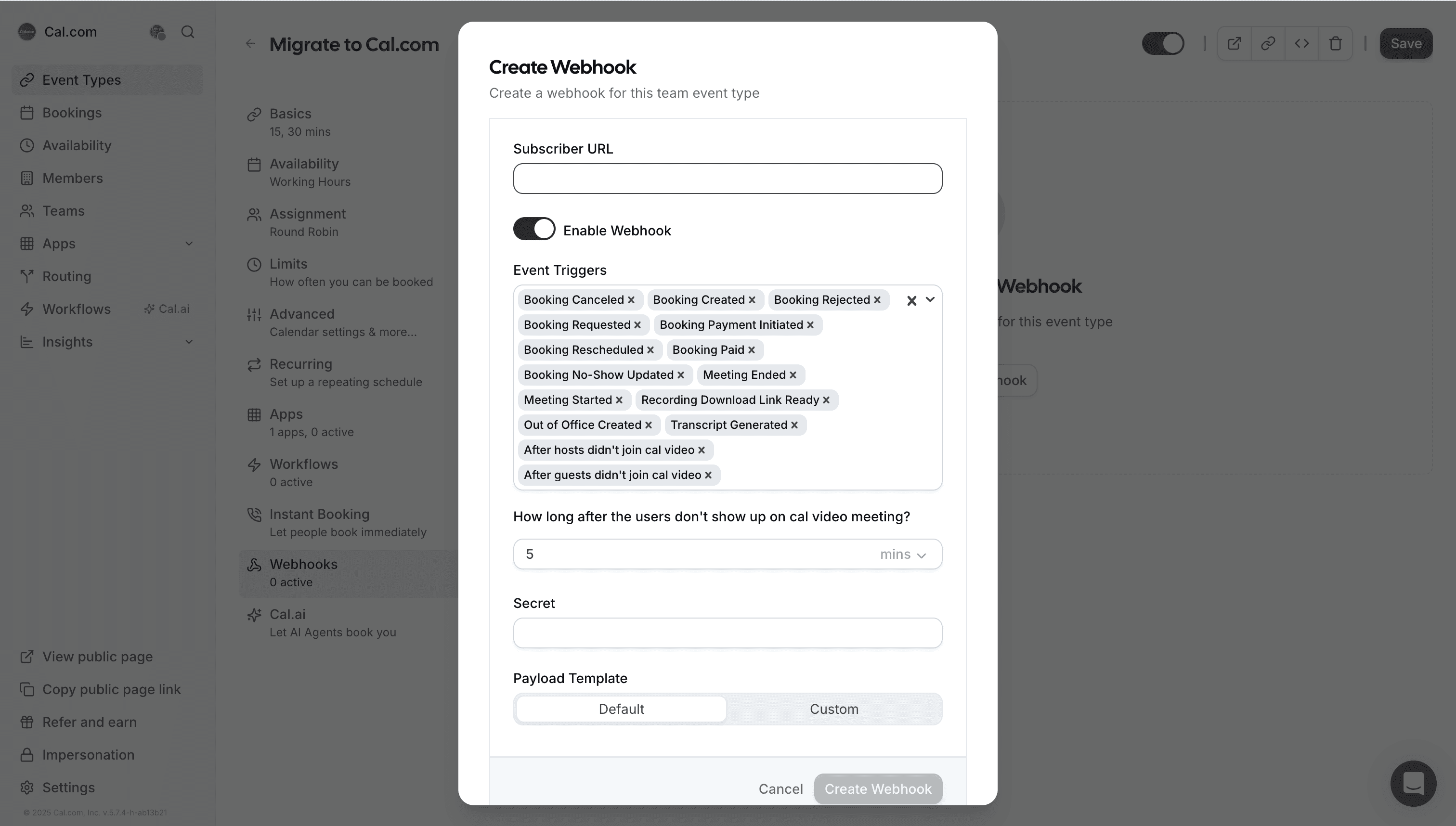 Screenshot of Cal.com create webhook dialog