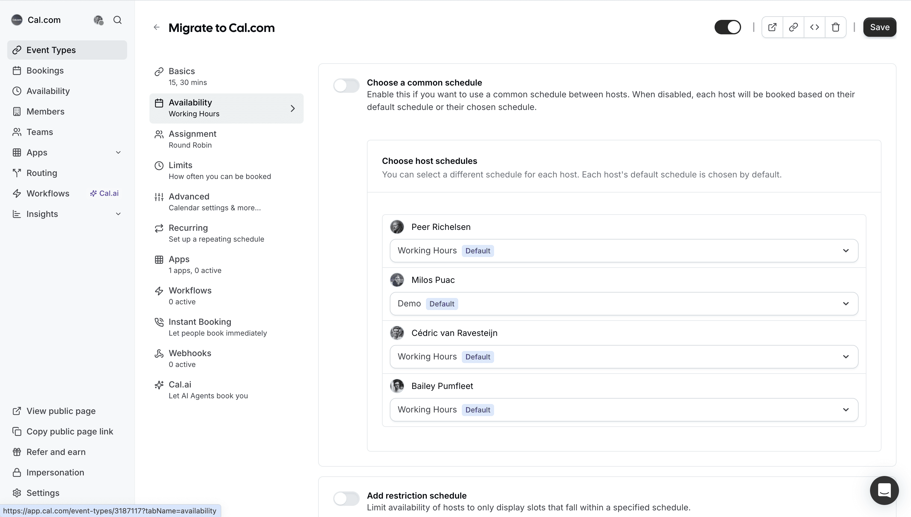Cal.com event type availability settings screen
