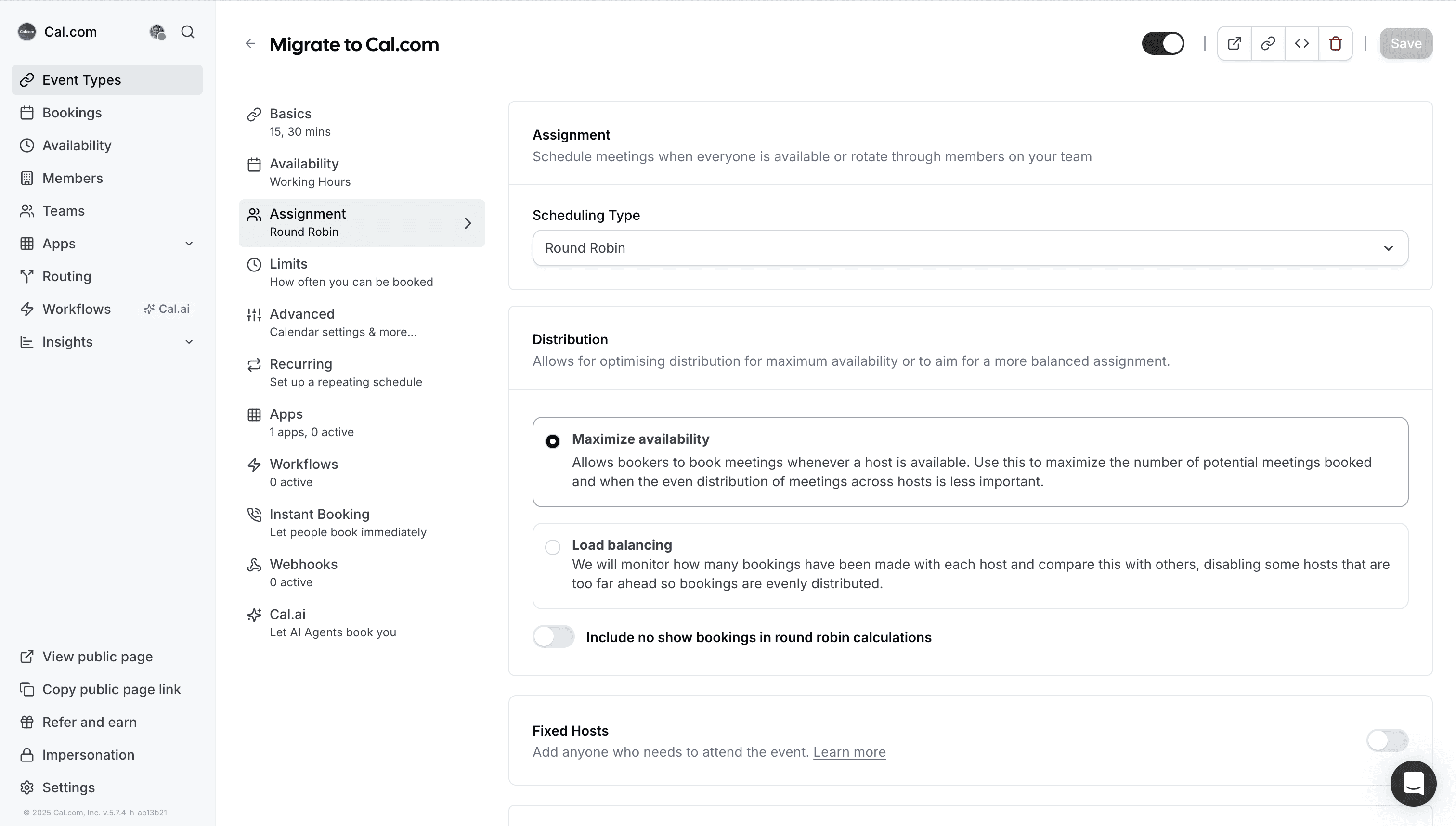 Cal.com event type assignment settings