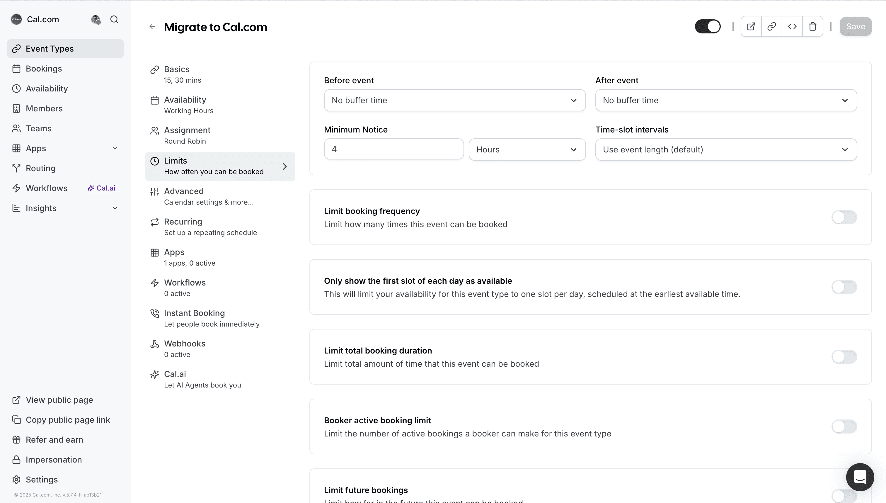 Cal.com event type limits settings panel