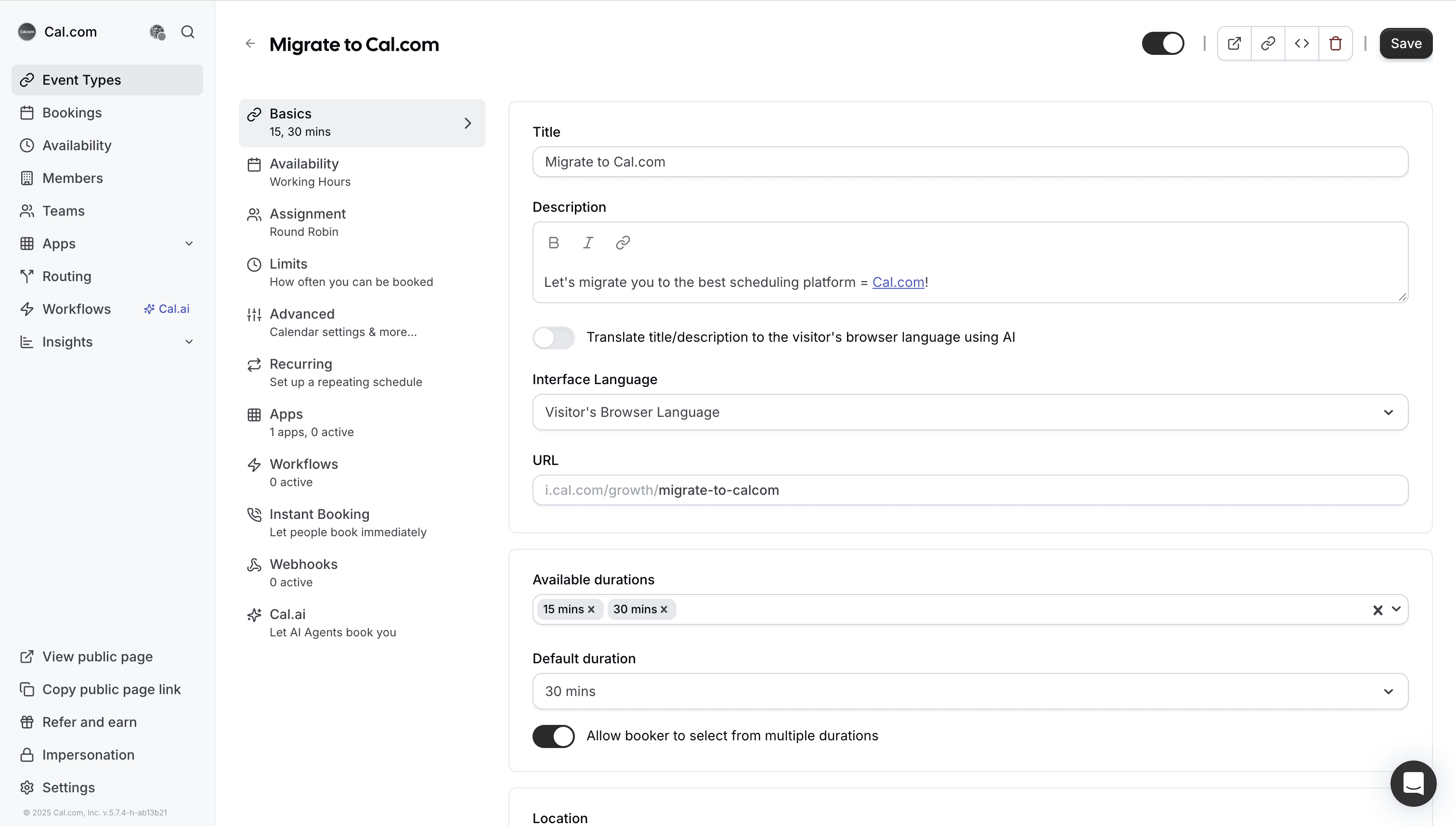 Screenshot of Cal.com event type settings page