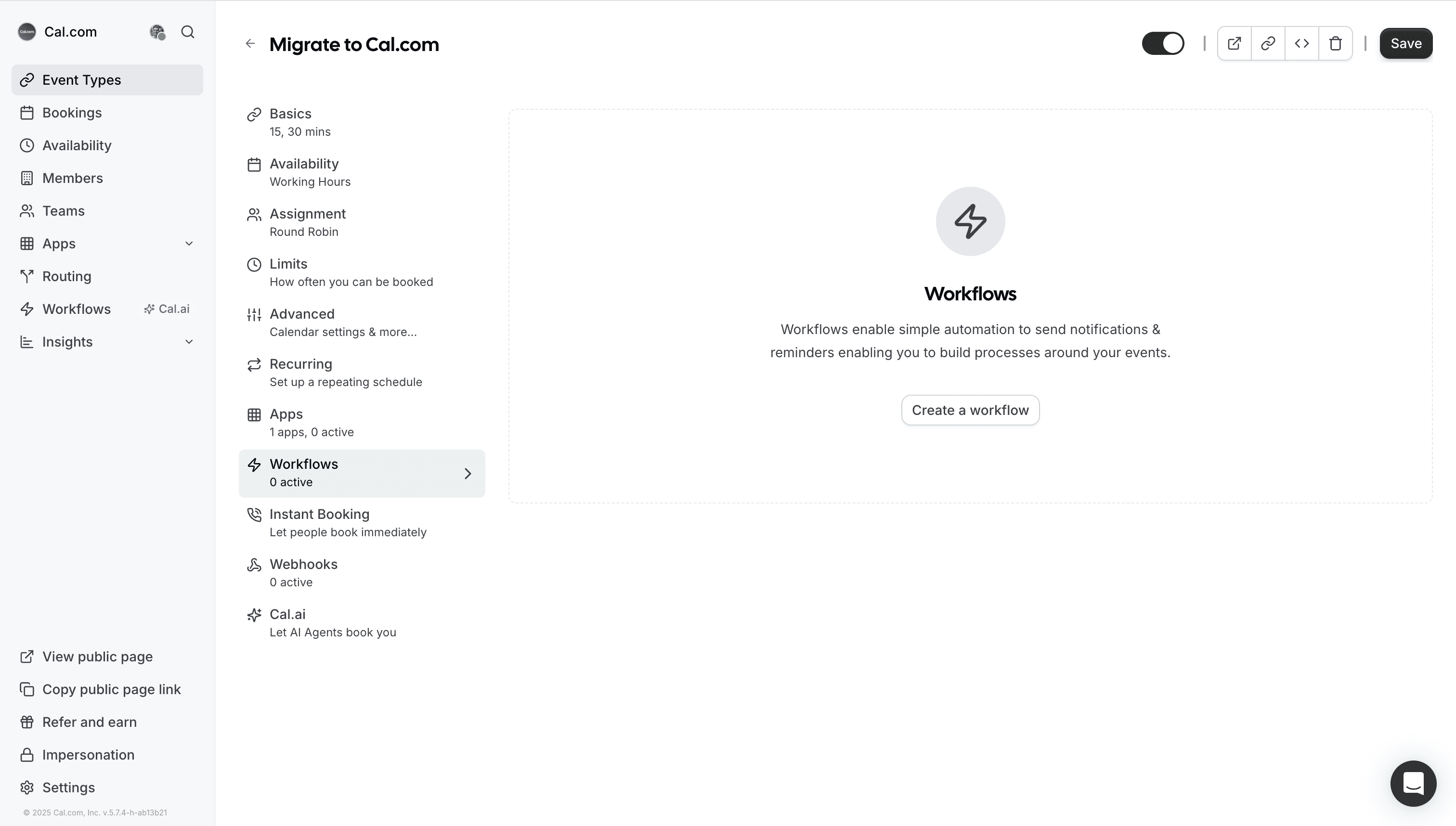 Cal.com event type workflows setup screenshot