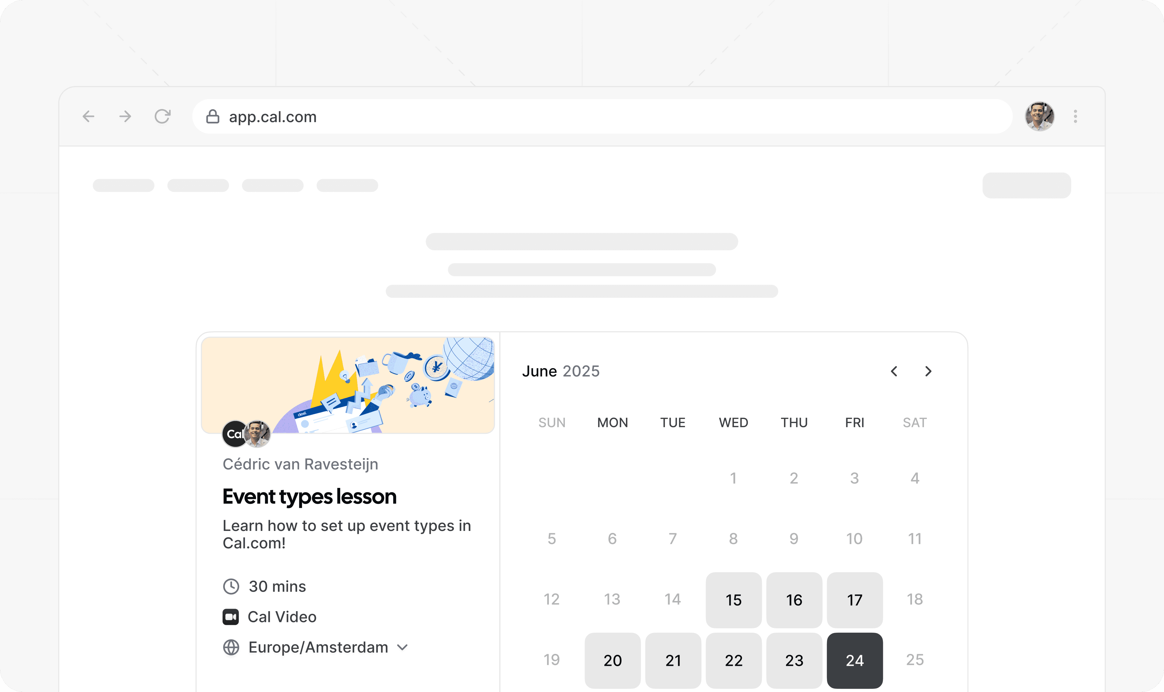 Cal.com booking page with event and calendar