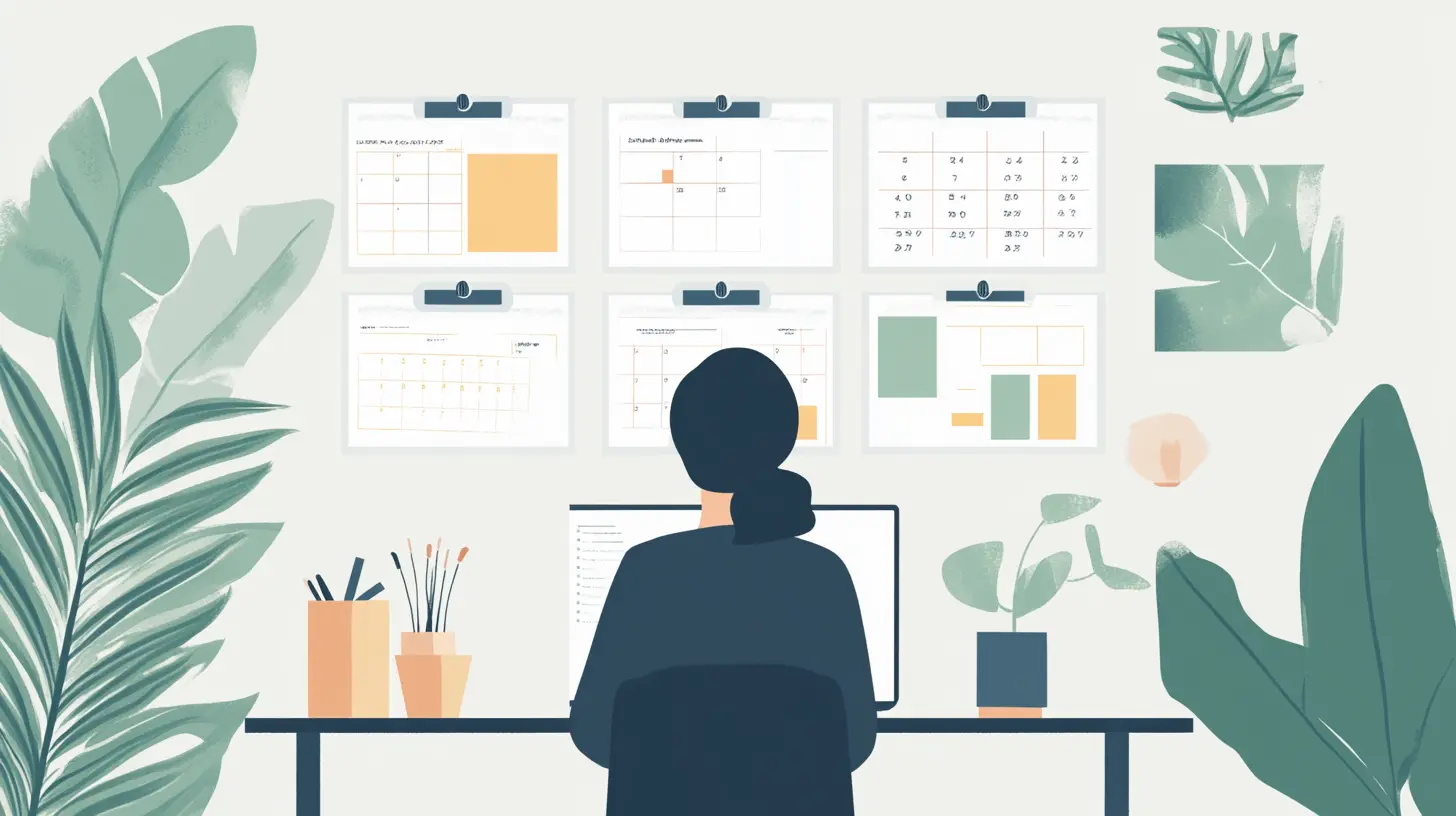 Illustration of person working with calendar dashboards on wall
