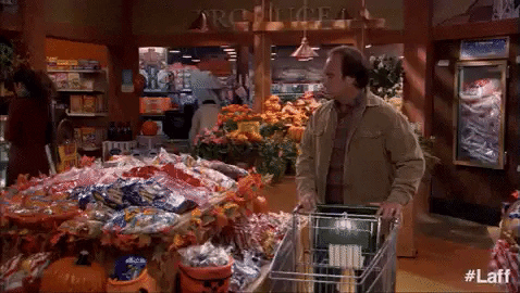 TV sitcom scene in a grocery store aisle