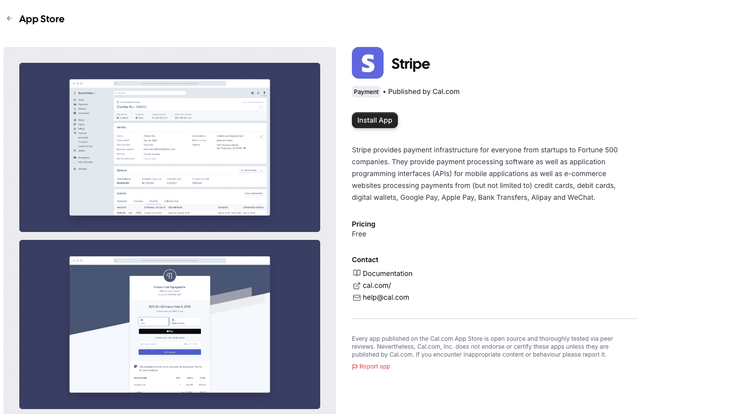 Cal.com App Store listing for Stripe