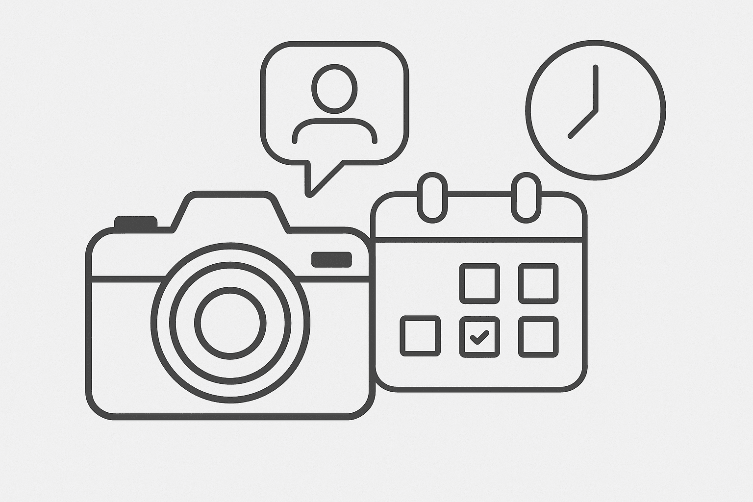 Illustration of a camera, calendar, and clock