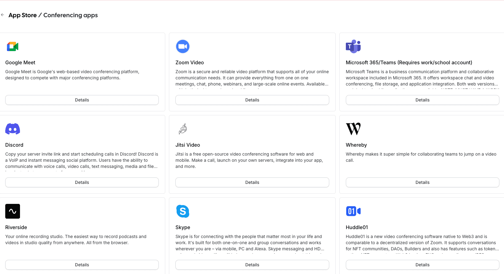 Cal.com conferencing apps store grid