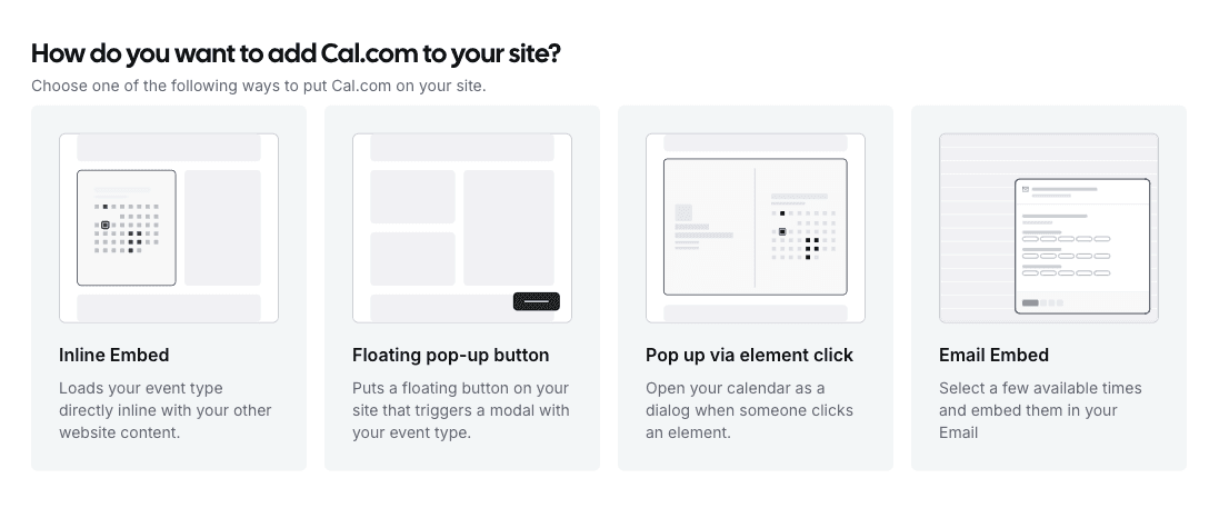 Cal.com website embed options screen