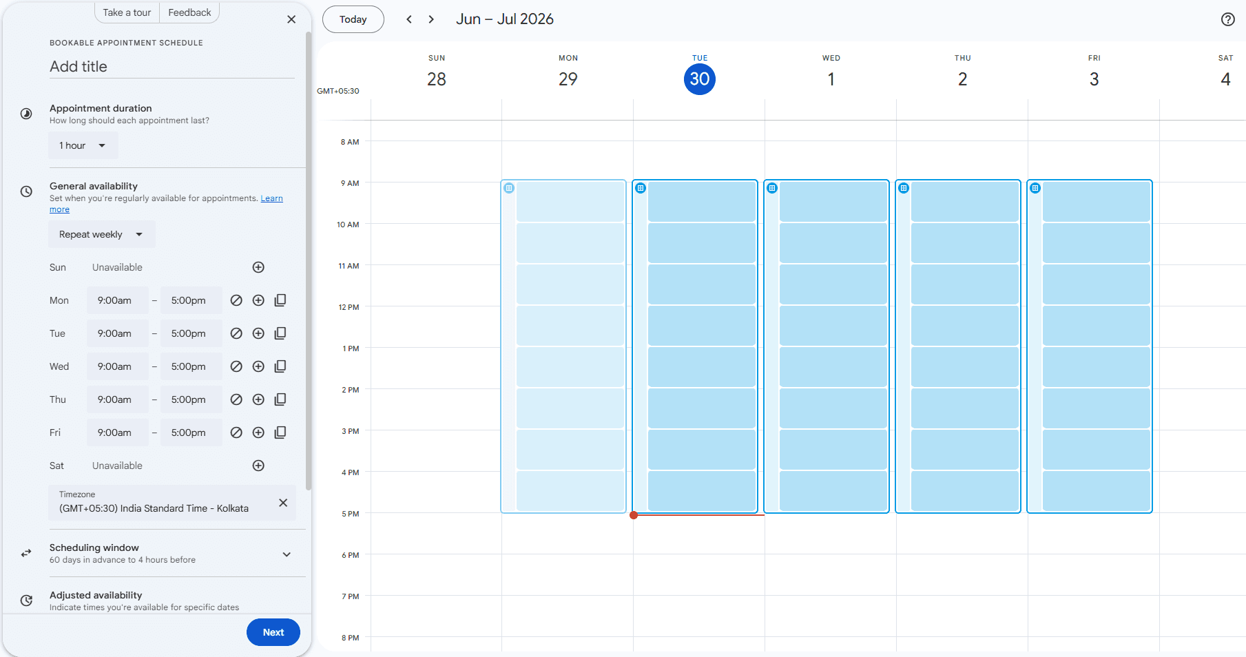 Google Calendar appointment schedule setup screen