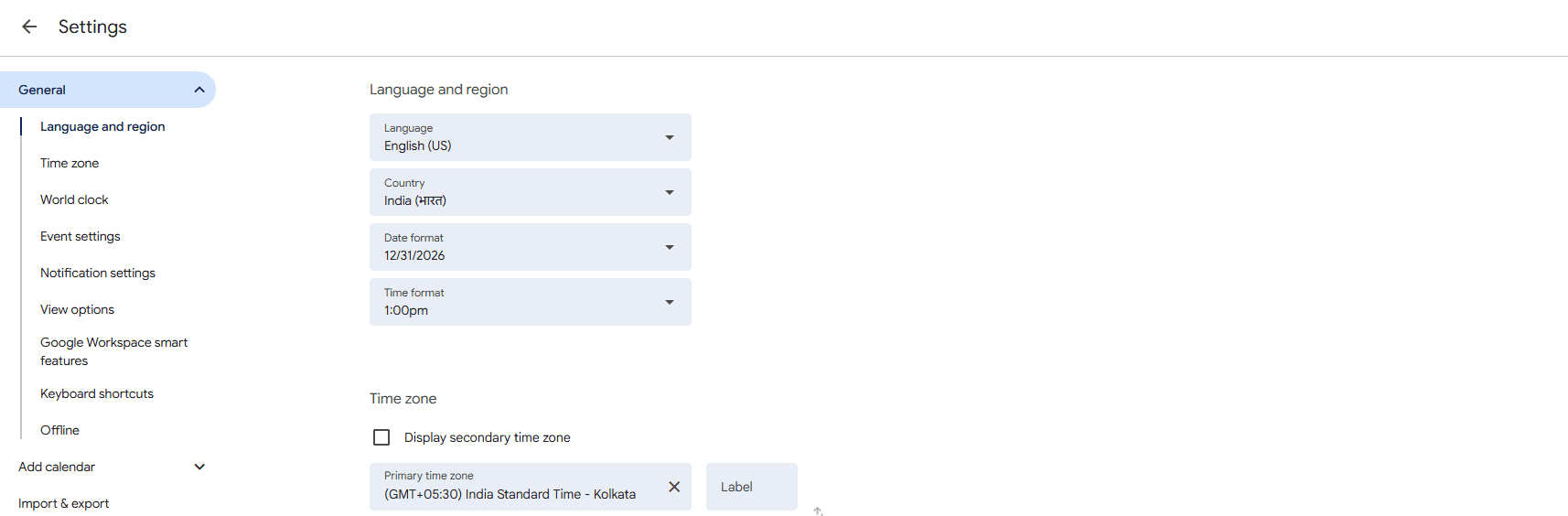 Google Calendar language and region settings