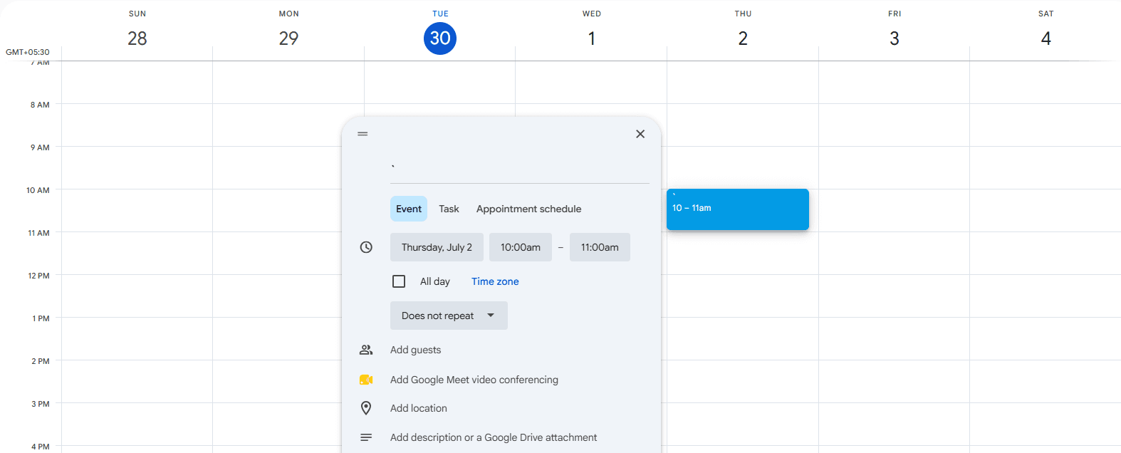 Google Calendar event creation modal