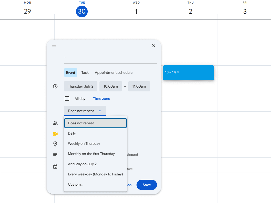 Google Calendar event repeat options dropdown