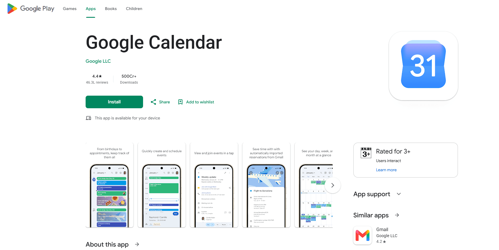 Google Calendar app listing on the Google Play Store