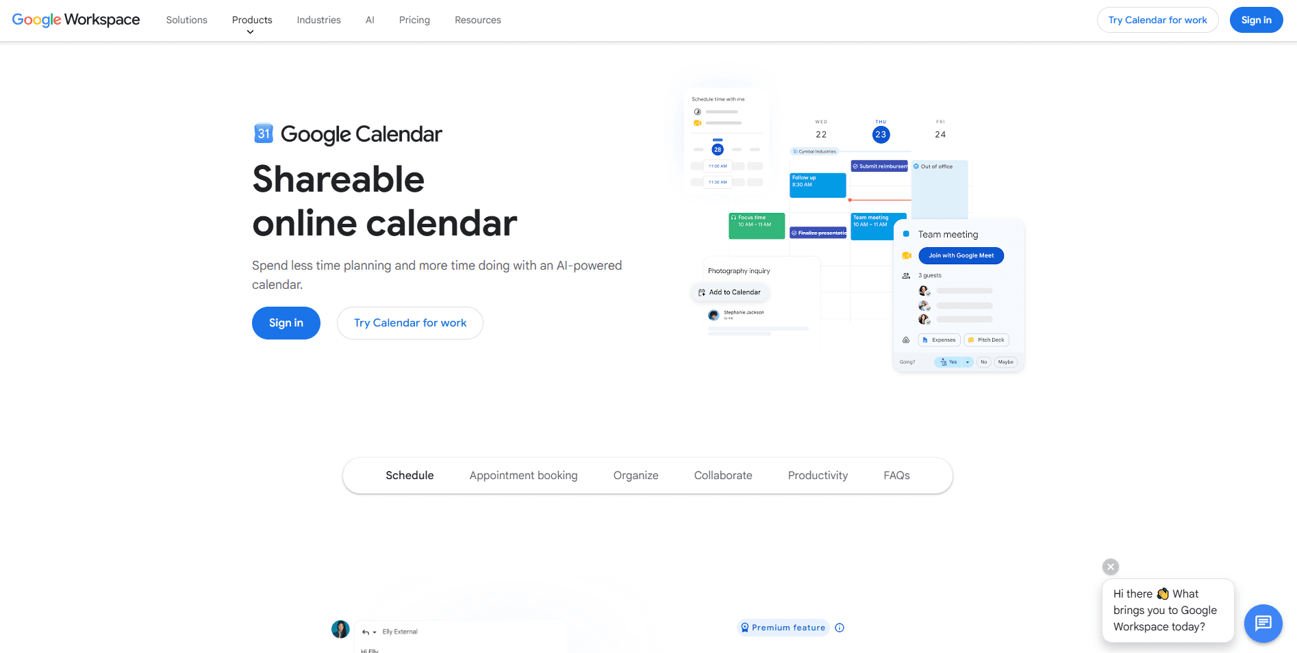 Google Calendar product homepage screenshot