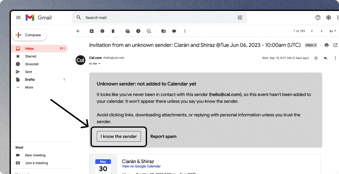 Gmail unknown sender warning on a calendar invite email