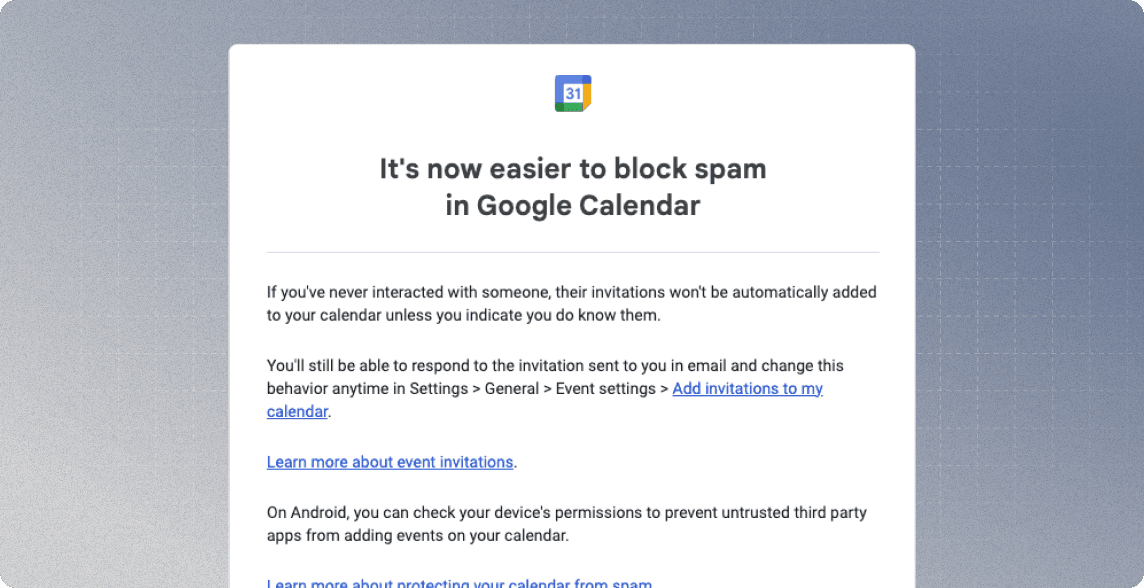 Google Calendar spam-blocking notice screenshot