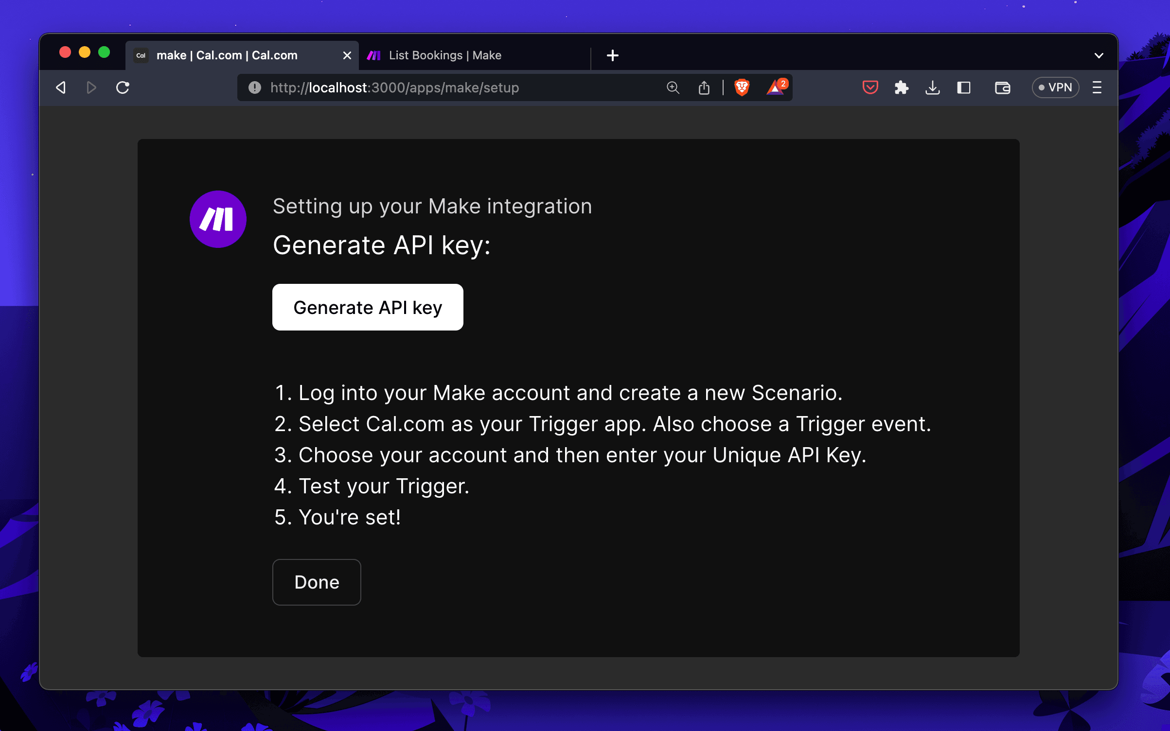 Screenshot of Make integration setup in Cal.com