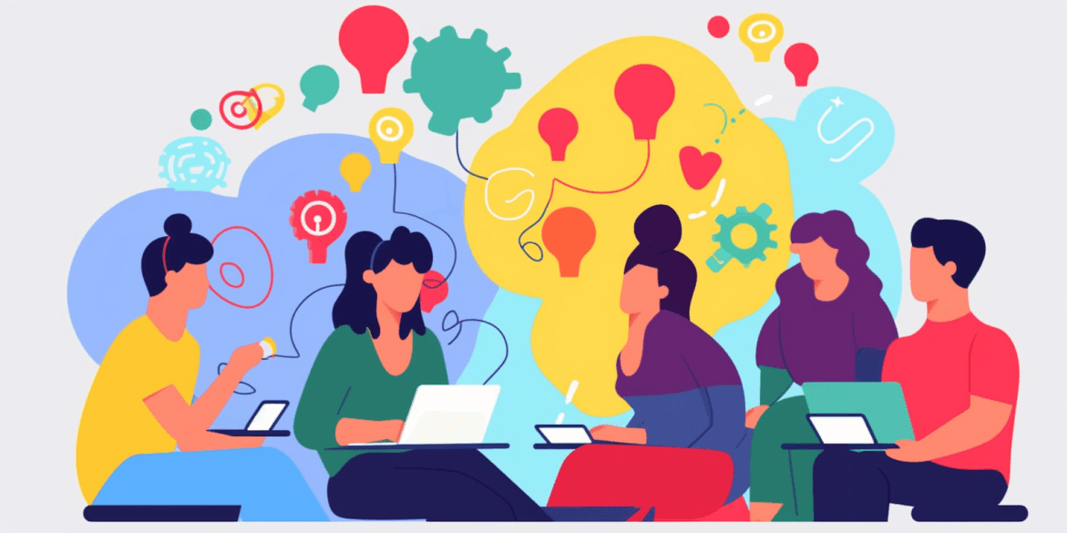Illustration of people collaborating with idea icons overhead