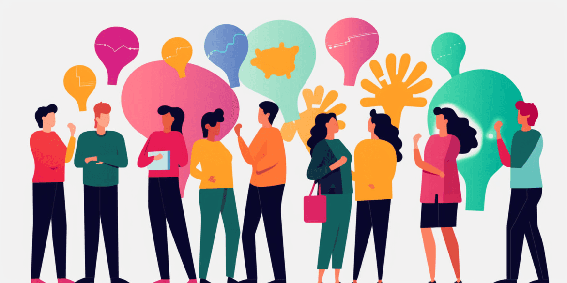Illustration of a diverse group with idea speech bubbles