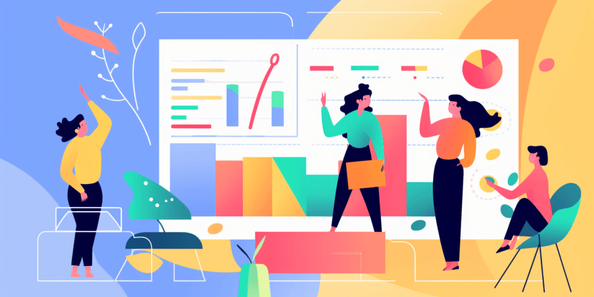 Illustration of people analyzing charts on a screen