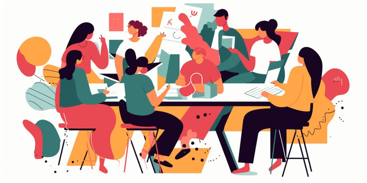 Illustration of people collaborating around a table