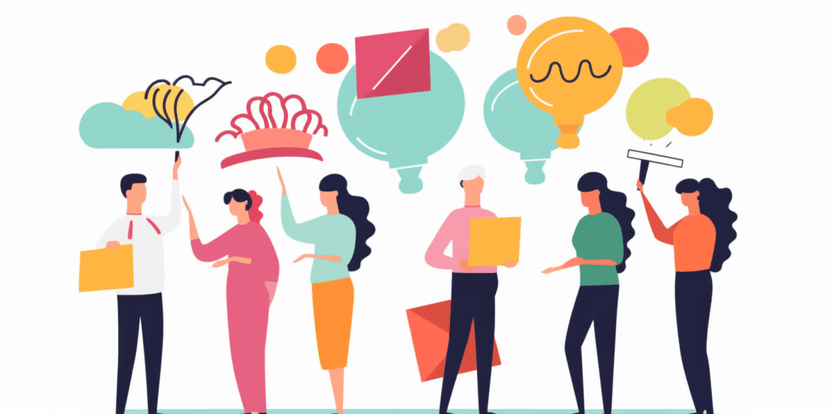 Illustration of people with idea and celebration icons