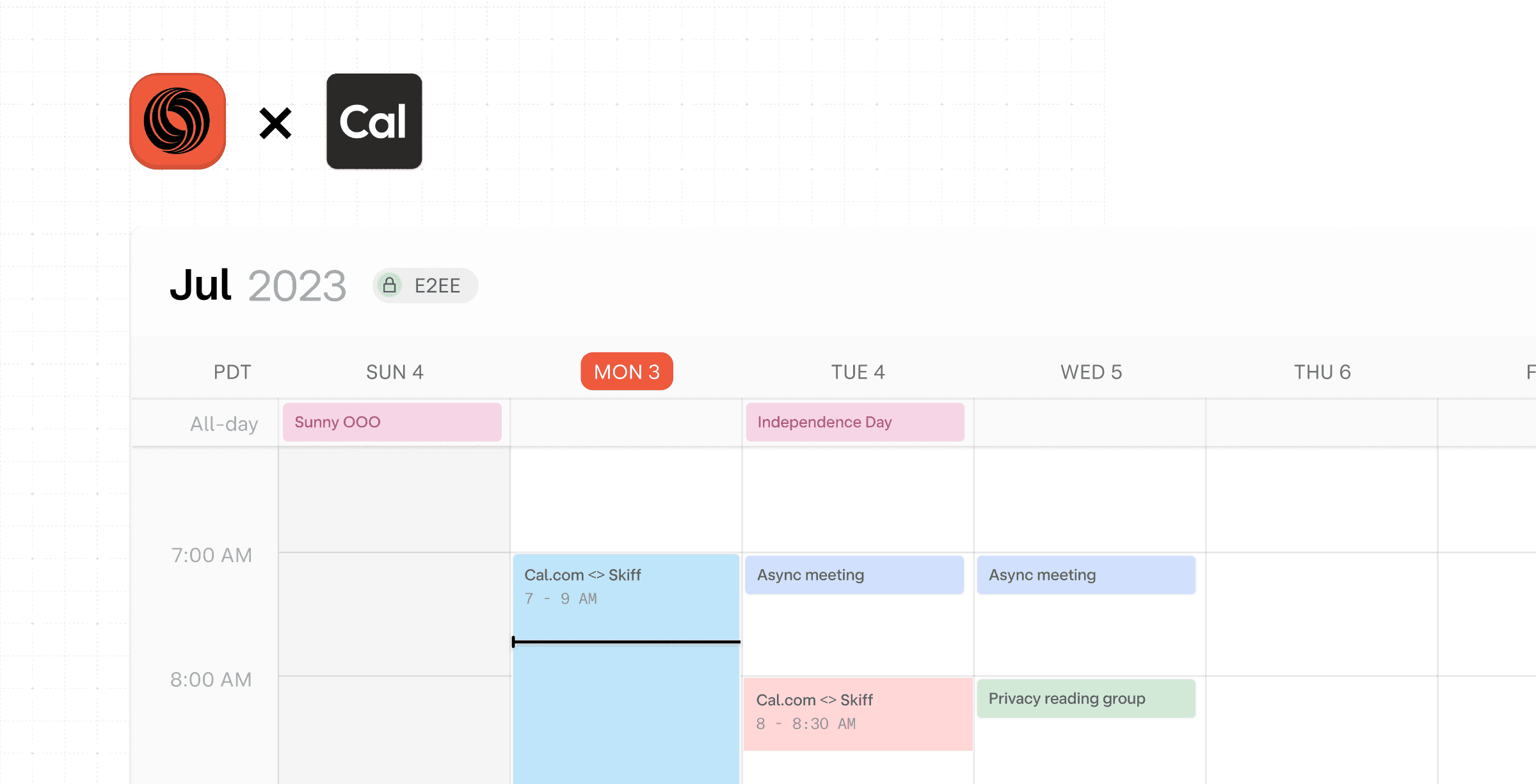 Skiff and Cal.com logos above a calendar week view
