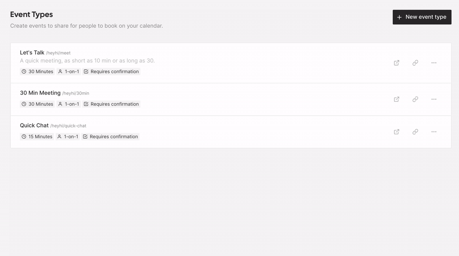 Screenshot of Cal.com event types list