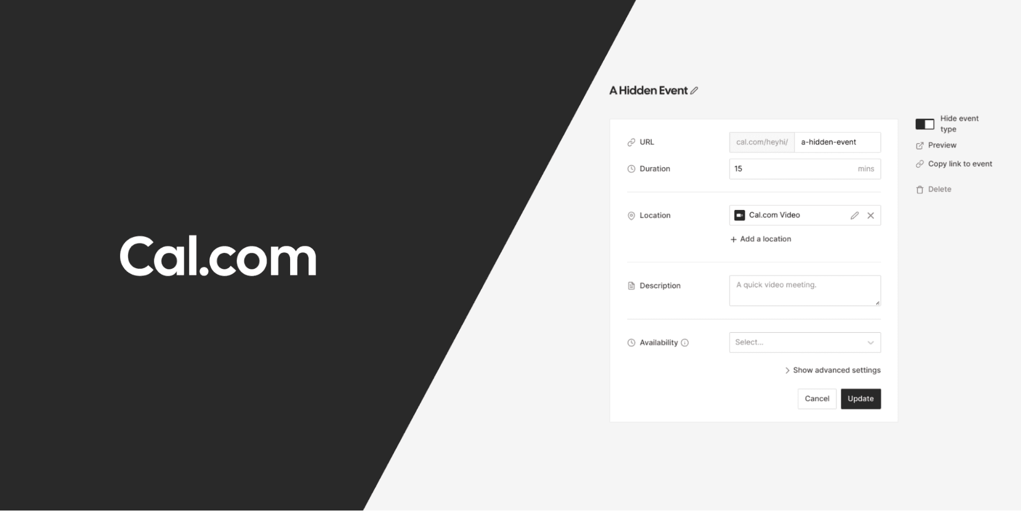 Screenshot of Cal.com hidden event booking page