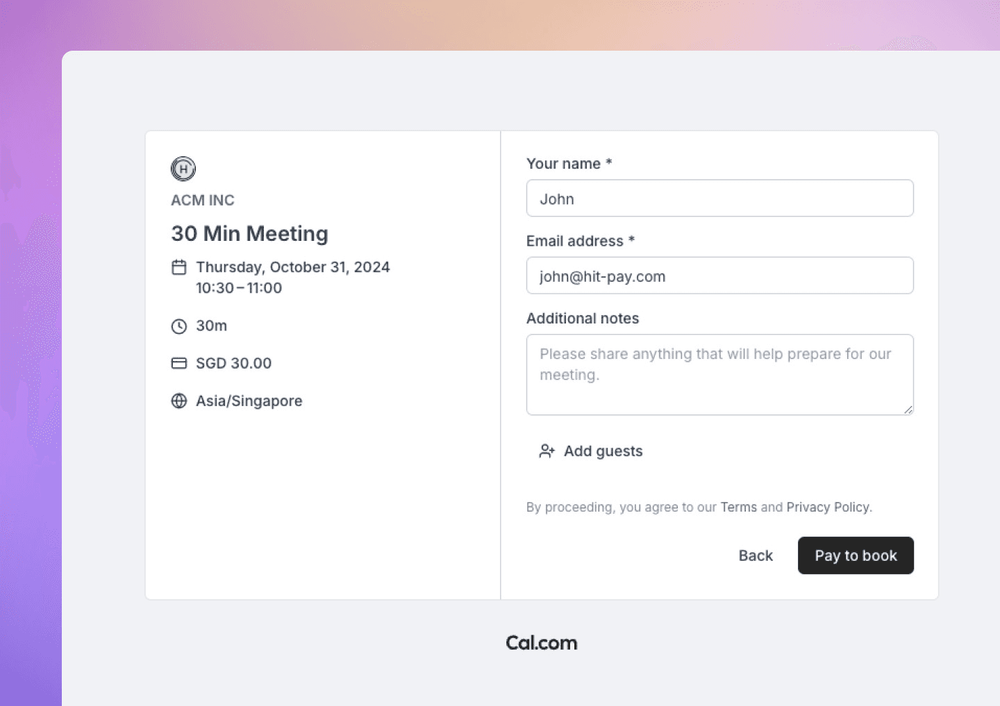 Cal.com booking checkout page with payment