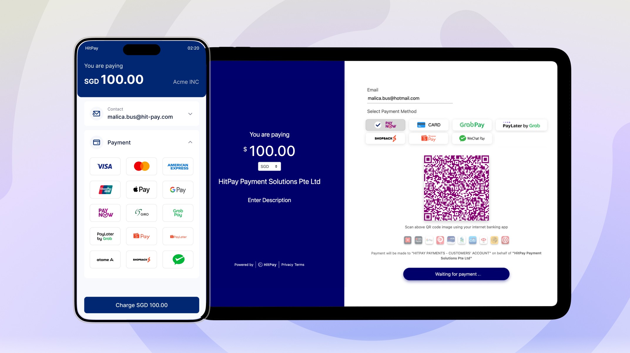 HitPay checkout screens on phone and tablet