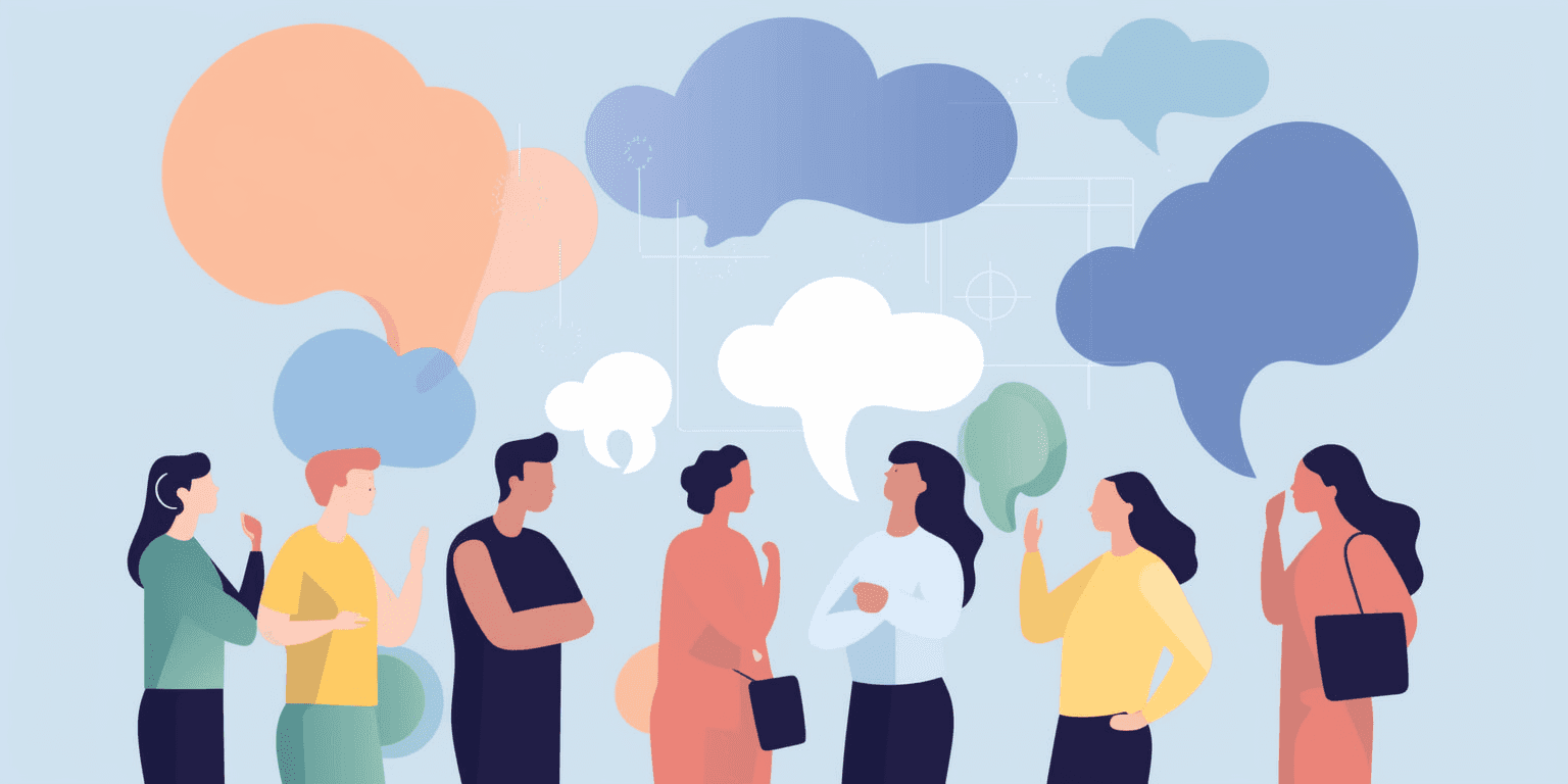 Illustration of people talking with overlapping speech bubbles