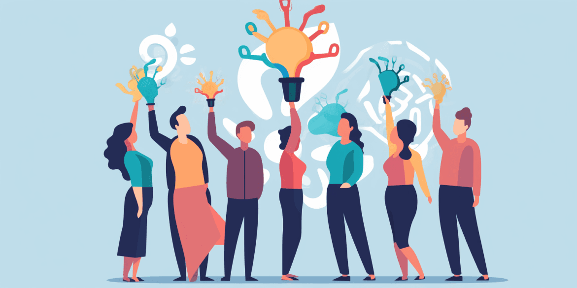 Illustration of people raising lightbulbs in celebration