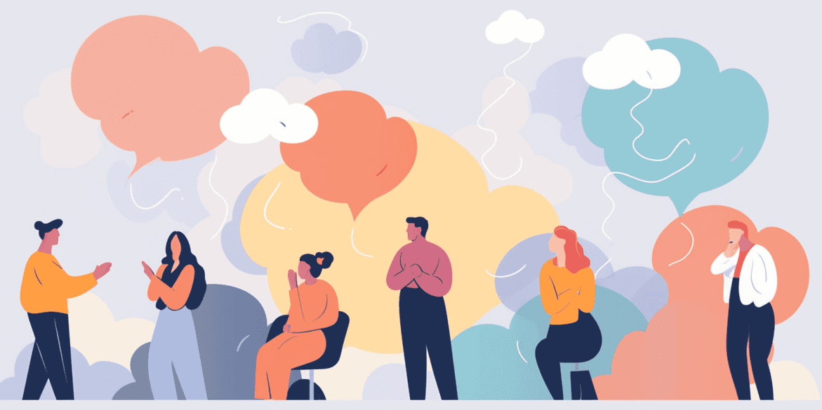 Illustration of people talking with speech bubbles