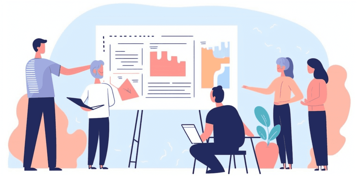 Illustration of a team presenting charts on a whiteboard