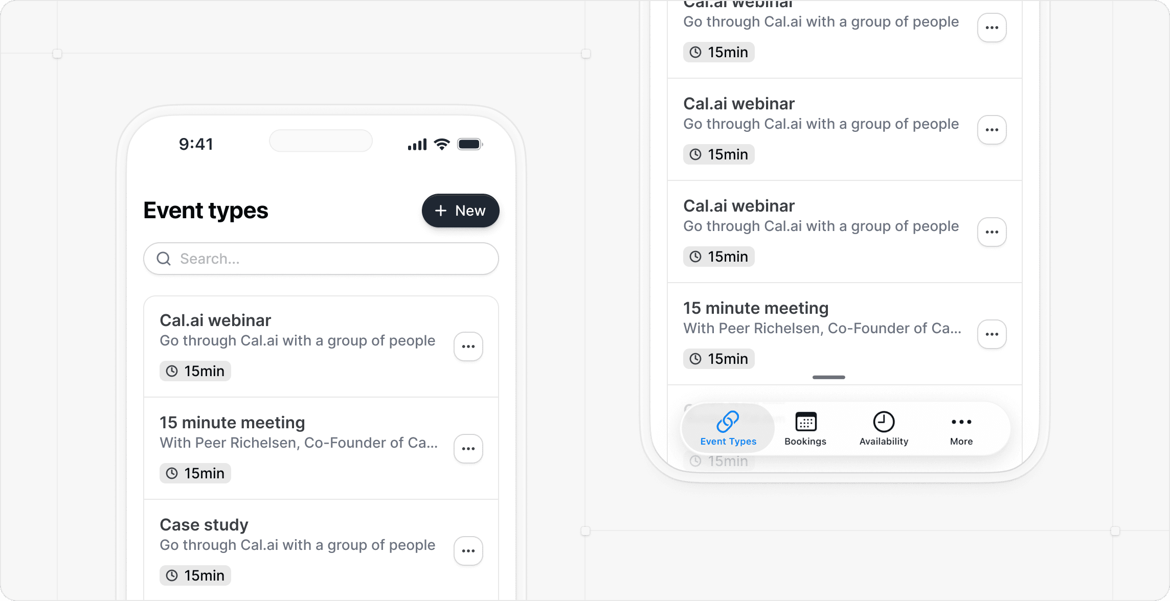 Screenshot of Cal.com event types list on mobile