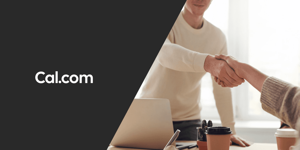 Cal.com logo beside two people shaking hands