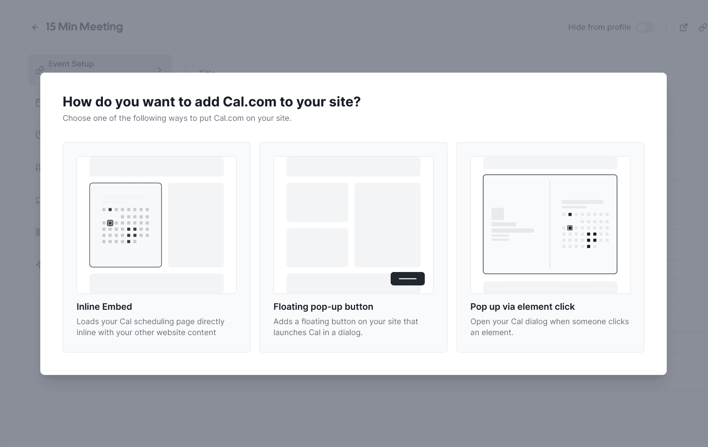 Cal.com embed options modal