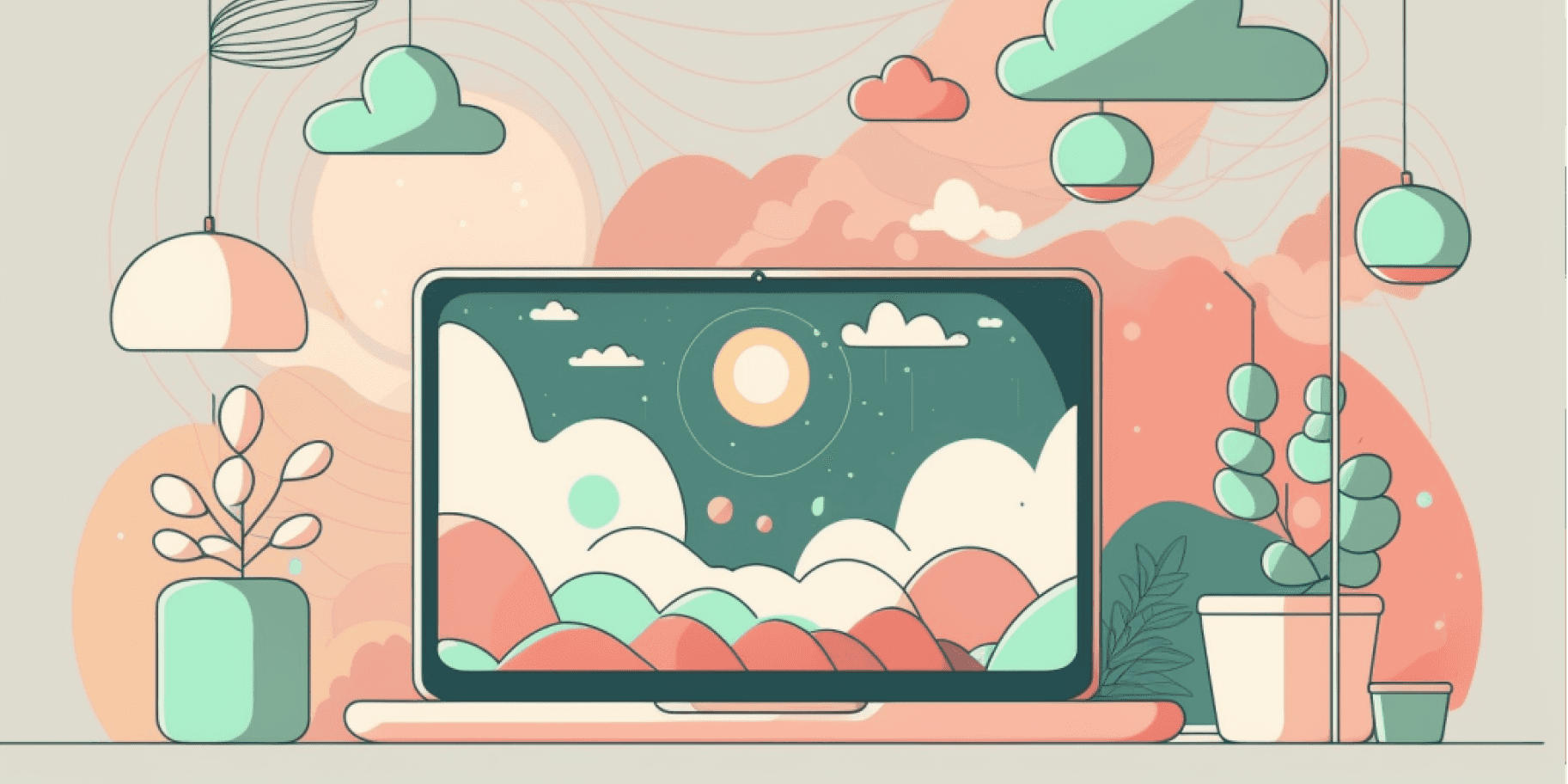 Illustration of a laptop displaying a night sky landscape