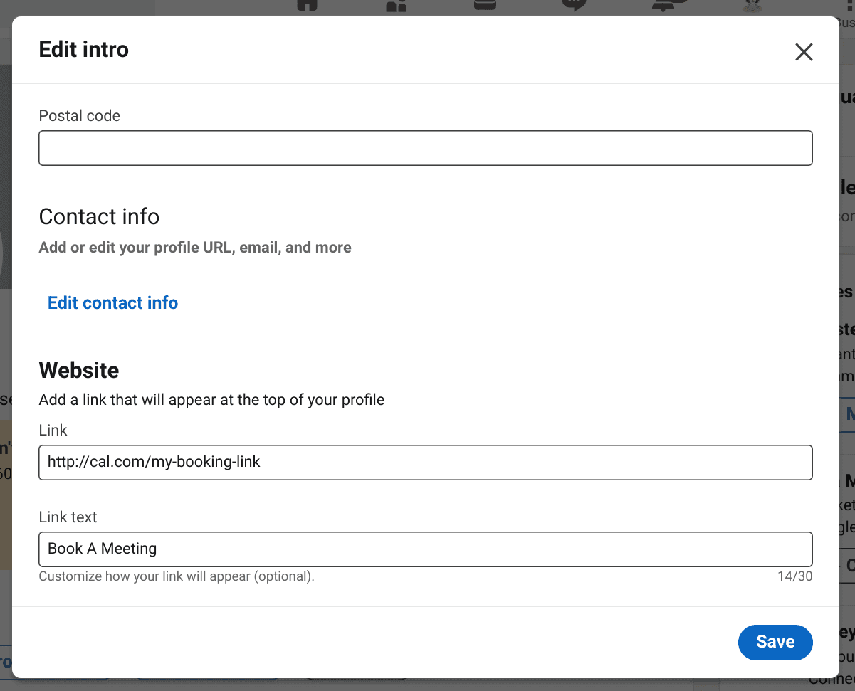 LinkedIn edit intro modal with Cal.com booking link